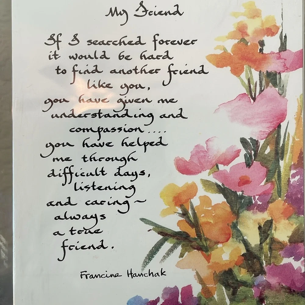 Floral Musical Framed Poem w Inspirational Quote Lucite rounded frame “Friends”